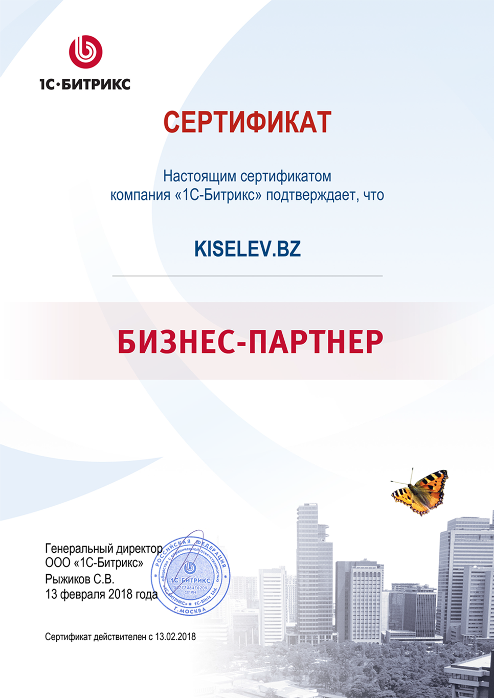 Сертификат партнёра по СРМ системам в Кургане
